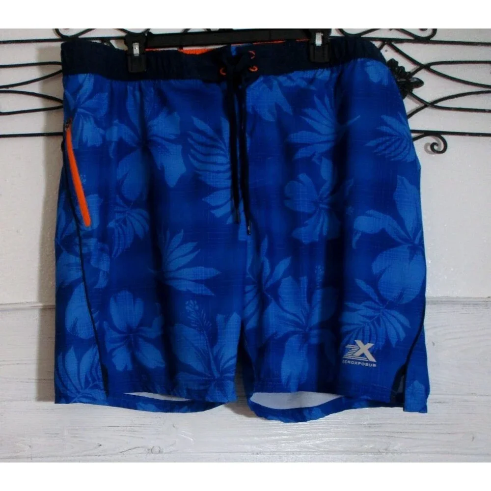 Zeroxposur Swim Trunks Men's Size XXL Blue Floral Pocket Built In Brief